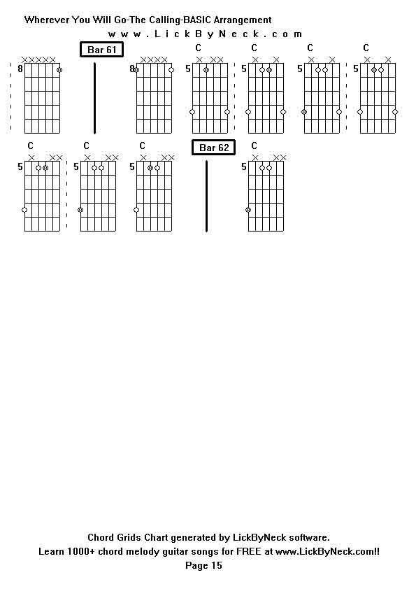 Chord Grids Chart of chord melody fingerstyle guitar song-Wherever You Will Go-The Calling-BASIC Arrangement,generated by LickByNeck software.